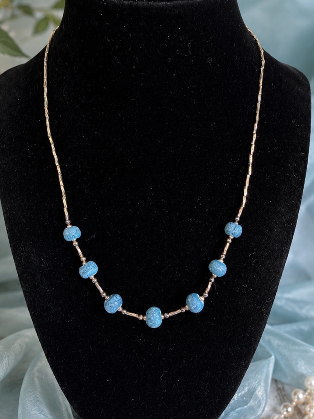 Vintage Blue Coral Bead Necklace Sterling Silver Boho Coastal Jewelry